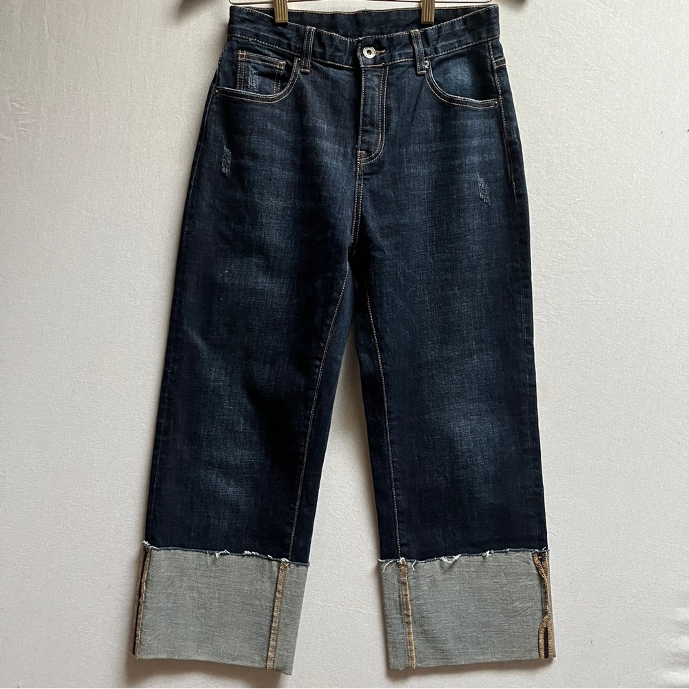 Dark Wash Wide Leg Skater Jeans - Raw Hem Oversized Cuff - S